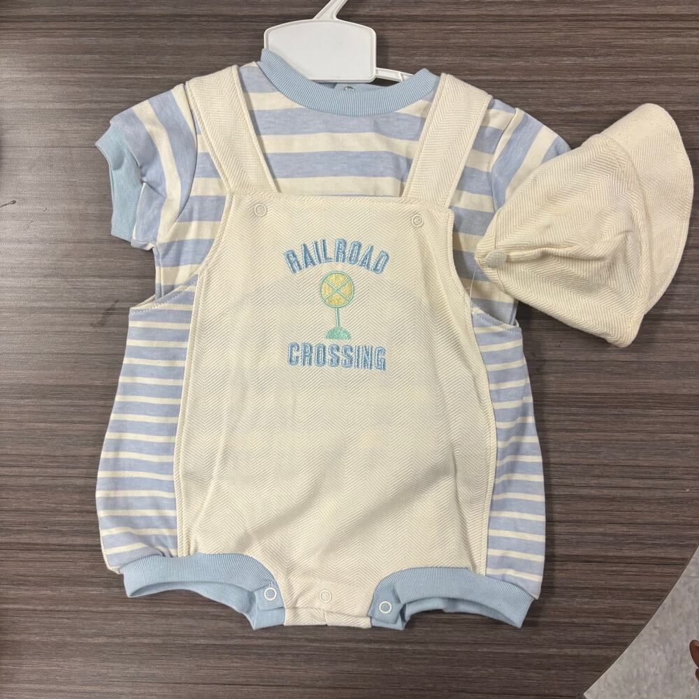 VTG Guys N Dolls Baby Romper Set 6-9M Railroad Crossing Embroidered One-Piece